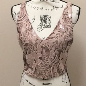 Badgley Mischka blush lace and sequins crop top